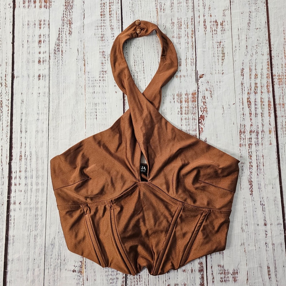 Julia by Love J Caramel Brown Sleek Twist Front Halter Bustier Crop Top M